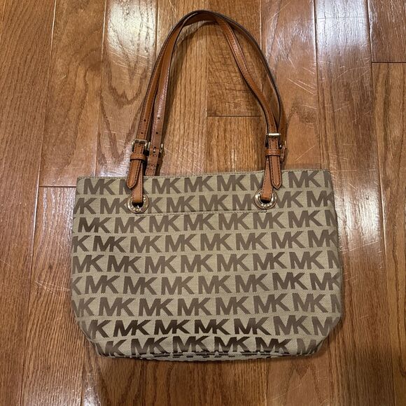 Michael Kors Signature Monogram Tote Handbag Satchel Shoulder Bag Light Brown - Picture 3 of 9